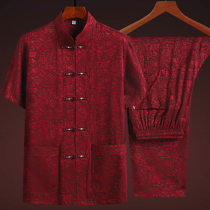 Buddha Stones a lo largo del río durante el patrón del Festival Qingming Traje Tang tradicional Camisa de manga corta Pantalones Ropa Conjunto para hombres