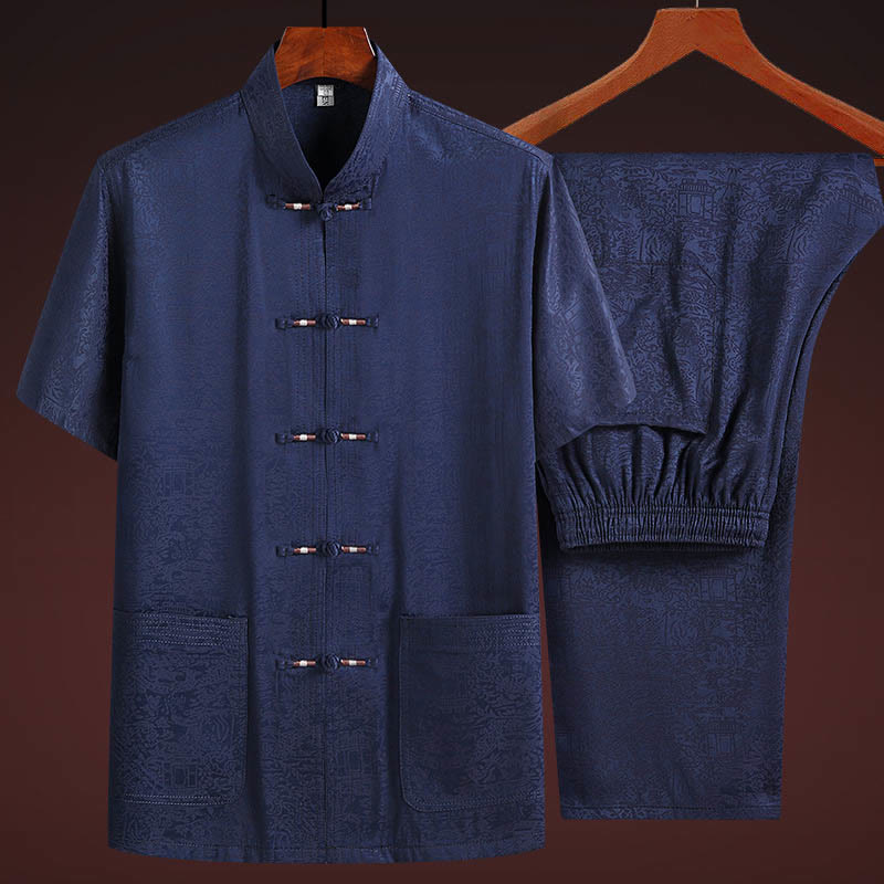 Buddha Stones a lo largo del río durante el patrón del Festival Qingming Traje Tang tradicional Camisa de manga corta Pantalones Ropa Conjunto para hombres