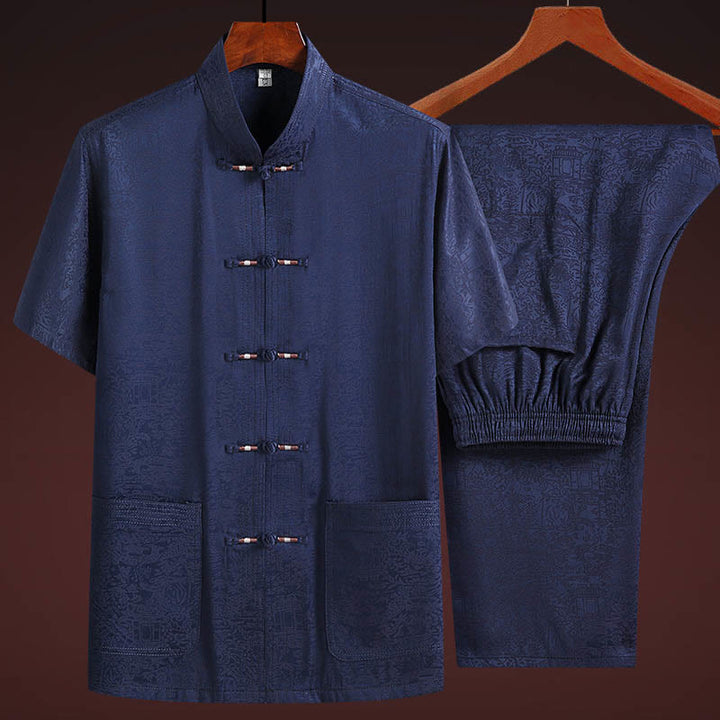 Buddha Stones a lo largo del río durante el patrón del Festival Qingming Traje Tang tradicional Camisa de manga corta Pantalones Ropa Conjunto para hombres