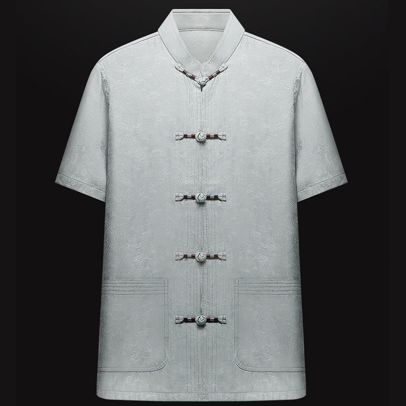 Buddha Stones a lo largo del río durante el patrón del Festival Qingming Traje Tang tradicional Camisa de manga corta Pantalones Ropa Conjunto para hombres