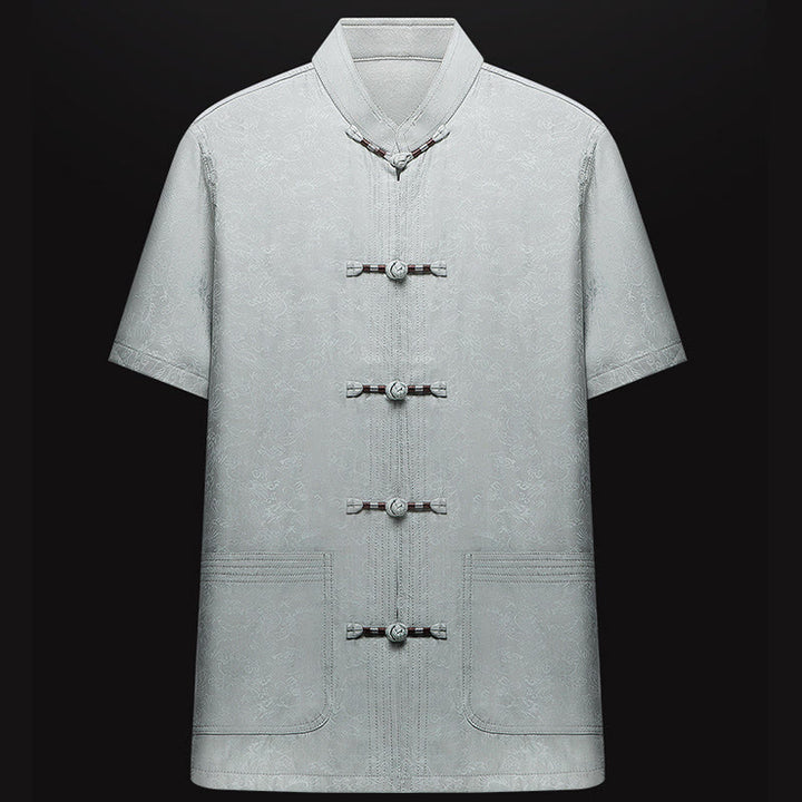 Buddha Stones a lo largo del río durante el patrón del Festival Qingming Traje Tang tradicional Camisa de manga corta Pantalones Ropa Conjunto para hombres