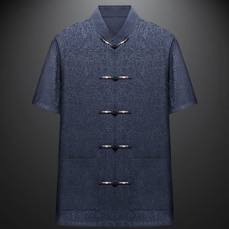 Buddha Stones a lo largo del río durante el patrón del Festival Qingming Traje Tang tradicional Camisa de manga corta Pantalones Ropa Conjunto para hombres