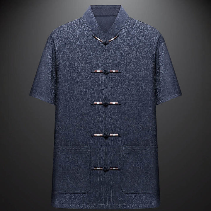 Buddha Stones a lo largo del río durante el patrón del Festival Qingming Traje Tang tradicional Camisa de manga corta Pantalones Ropa Conjunto para hombres