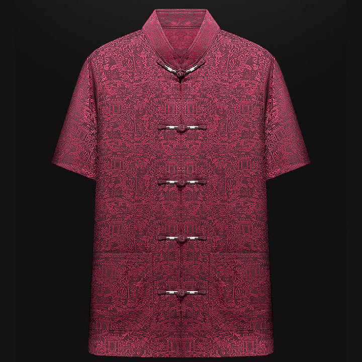 Buddha Stones a lo largo del río durante el patrón del Festival Qingming Traje Tang tradicional Camisa de manga corta Pantalones Ropa Conjunto para hombres