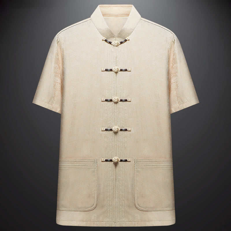 Buddha Stones a lo largo del río durante el patrón del Festival Qingming Traje Tang tradicional Camisa de manga corta Pantalones Ropa Conjunto para hombres