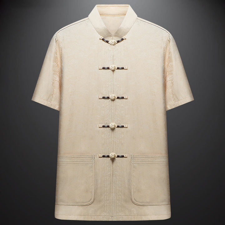 Buddha Stones a lo largo del río durante el patrón del Festival Qingming Traje Tang tradicional Camisa de manga corta Pantalones Ropa Conjunto para hombres