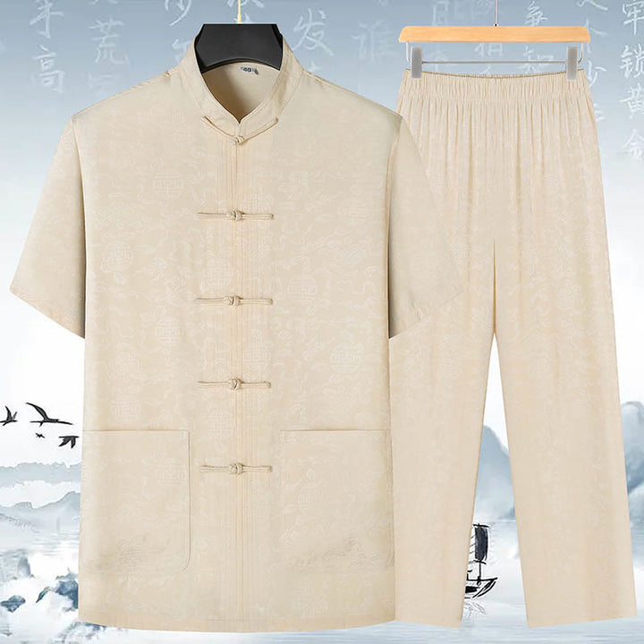 Buddha Stones calabaza flor hojas Tang traje camisa de manga corta pantalones ropa conjunto de hombres