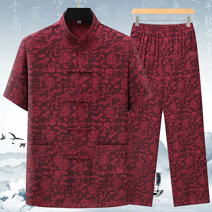 Buddha Stones calabaza flor hojas Tang traje camisa de manga corta pantalones ropa conjunto de hombres
