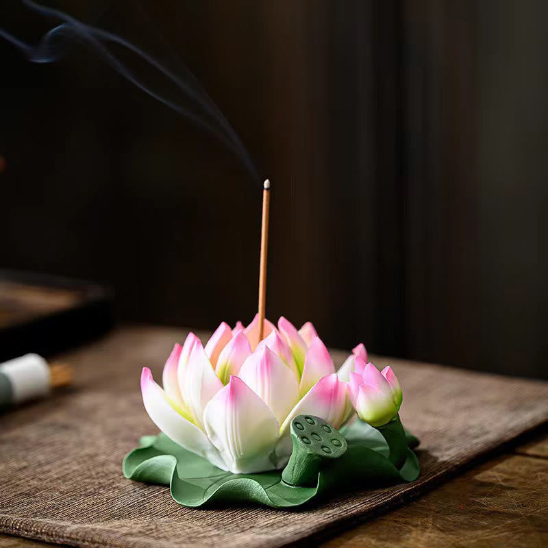 Buddha Stones, flor de loto, vaina de hoja, curación espiritual, palo de cerámica, decoración de quemador de incienso - Borde rosa loto 10,5*4,7 cm - image 0