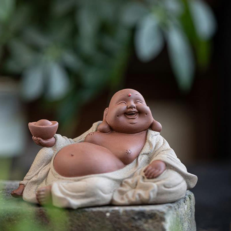 Buddha Stones, lingotes de Buda sonriente que atraen la riqueza, decoración de estatua de Maitreya de arcilla púrpura - image 1