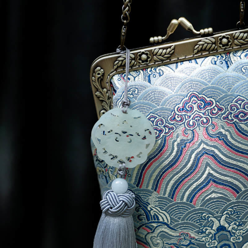 Bolso bandolera con cadena de metal con ondas del océano azul pequeño con Buddha Stones, bolso de hombro, bolso para teléfono móvil