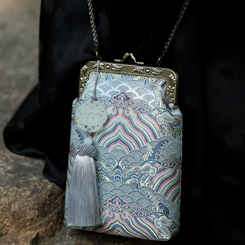 Bolso bandolera con cadena de metal con ondas del océano azul pequeño con Buddha Stones, bolso de hombro, bolso para teléfono móvil