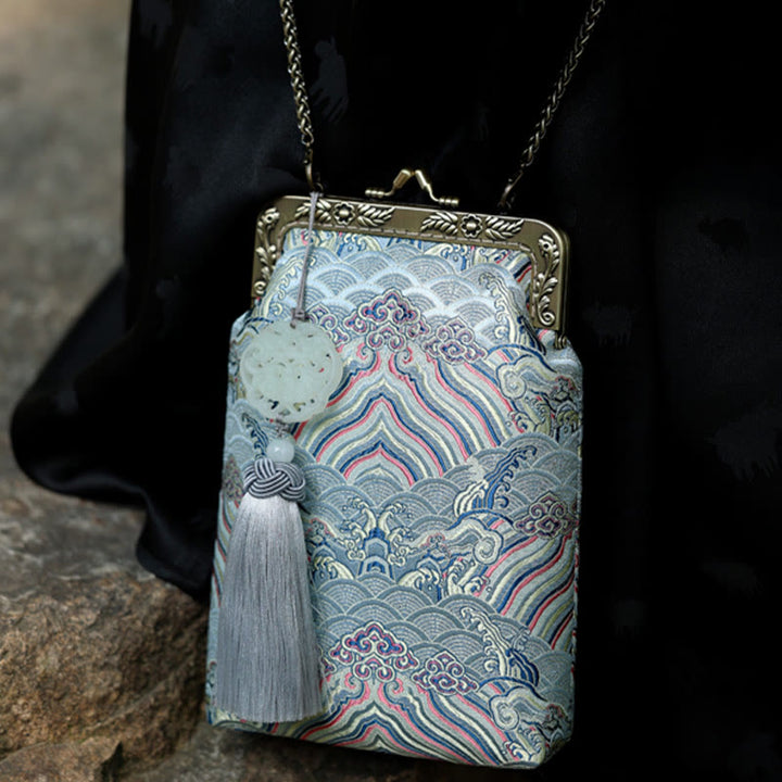 Bolso bandolera con cadena de metal con ondas del océano azul pequeño con Buddha Stones, bolso de hombro, bolso para teléfono móvil