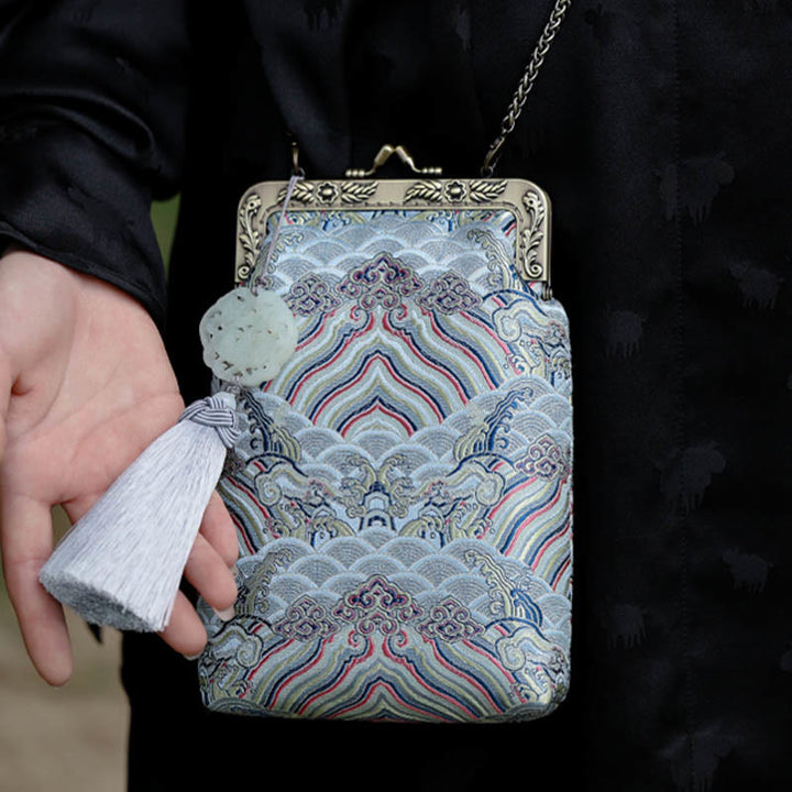 Bolso bandolera con cadena de metal con ondas del océano azul pequeño con Buddha Stones, bolso de hombro, bolso para teléfono móvil