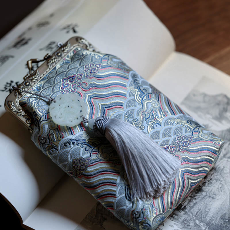 Bolso bandolera con cadena de metal con ondas del océano azul pequeño con Buddha Stones, bolso de hombro, bolso para teléfono móvil