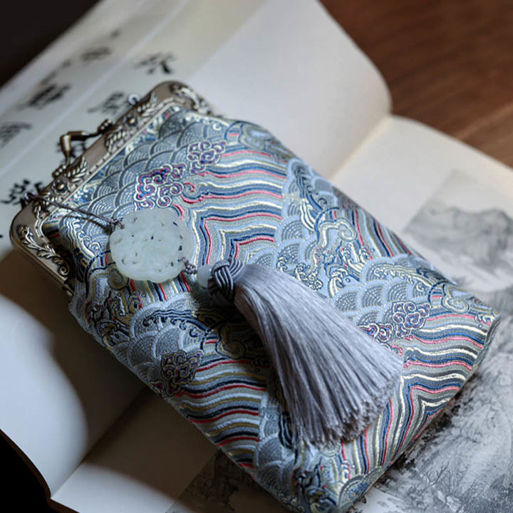 Bolso bandolera con cadena de metal con ondas del océano azul pequeño con Buddha Stones, bolso de hombro, bolso para teléfono móvil