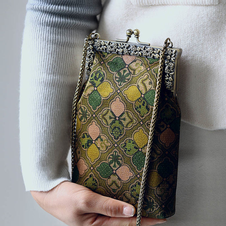 Bolso bandolera con cadena de metal y hojas verdes de Buddha Stones, bolso bandolera, bolso para teléfono móvil