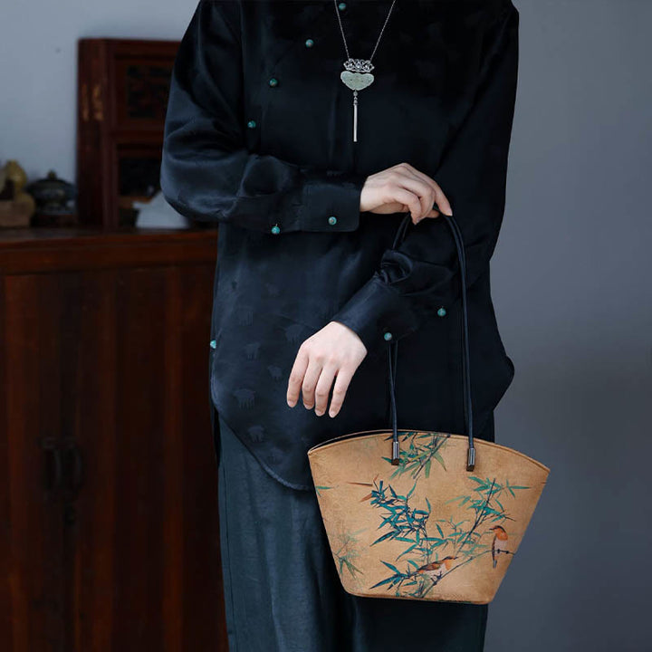 Buddha Stones Vintage Bamboo Magpie Peony Butterfly Bolso de hombro de gran capacidad