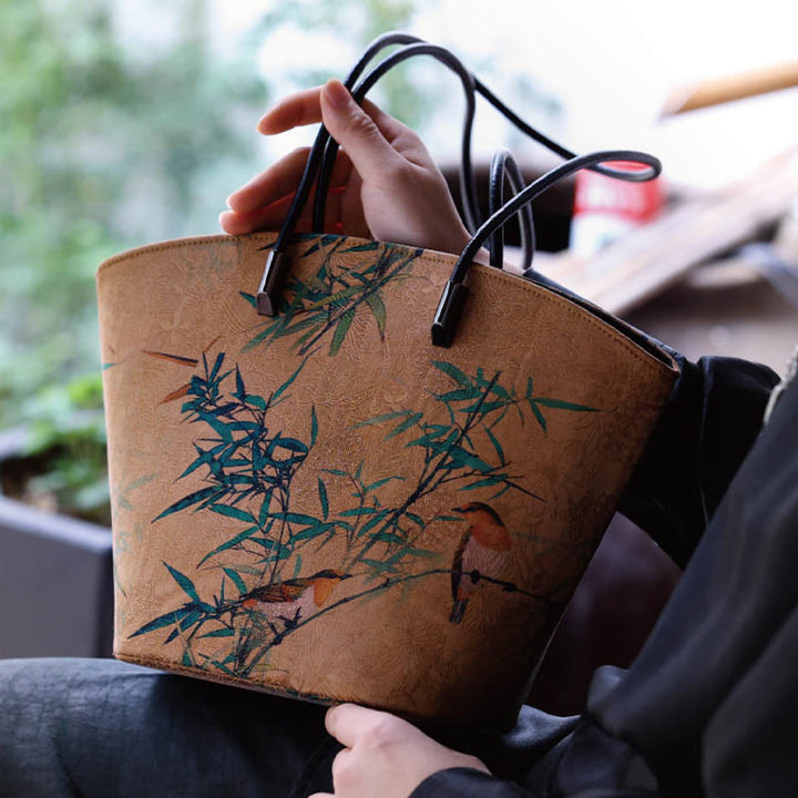 Buddha Stones Vintage Bamboo Magpie Peony Butterfly Bolso de hombro de gran capacidad