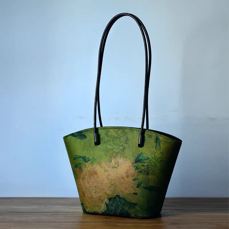 Buddha Stones Vintage Bamboo Magpie Peony Butterfly Bolso de hombro de gran capacidad