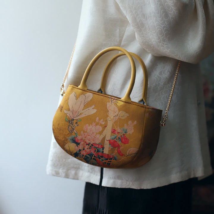 Bolso bandolera con cremallera y cadena de metal con peonía y flores vintage de Buddha Stones