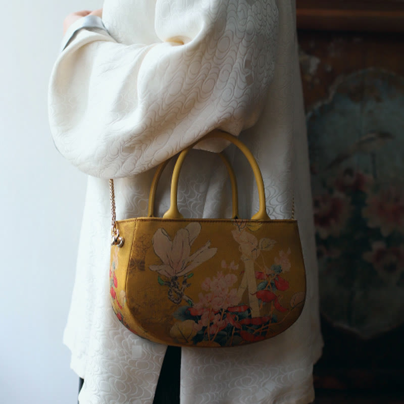 Bolso bandolera con cremallera y cadena de metal con peonía y flores vintage de Buddha Stones