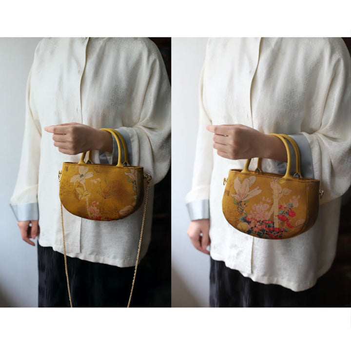 Bolso bandolera con cremallera y cadena de metal con peonía y flores vintage de Buddha Stones