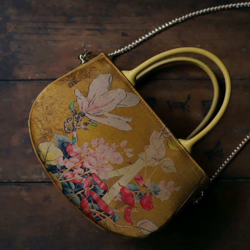 Bolso bandolera con cremallera y cadena de metal con peonía y flores vintage de Buddha Stones