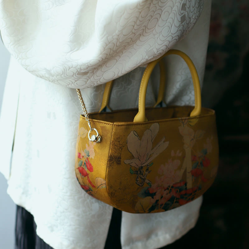 Bolso bandolera con cremallera y cadena de metal con peonía y flores vintage de Buddha Stones