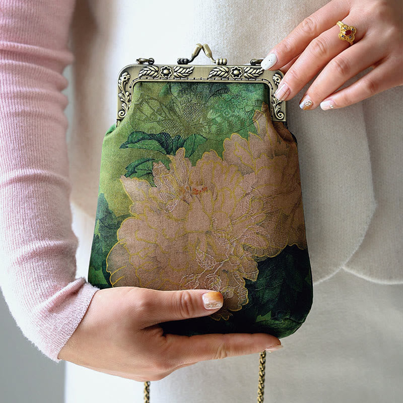 Bolso bandolera con cadena de metal y mariposa de peonía verde pequeña con Buddha Stones , bolso de hombro, bolso para teléfono móvil