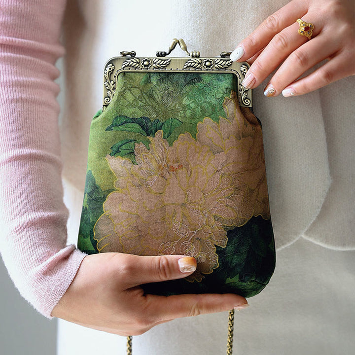 Bolso bandolera con cadena de metal y mariposa de peonía verde pequeña con Buddha Stones , bolso de hombro, bolso para teléfono móvil