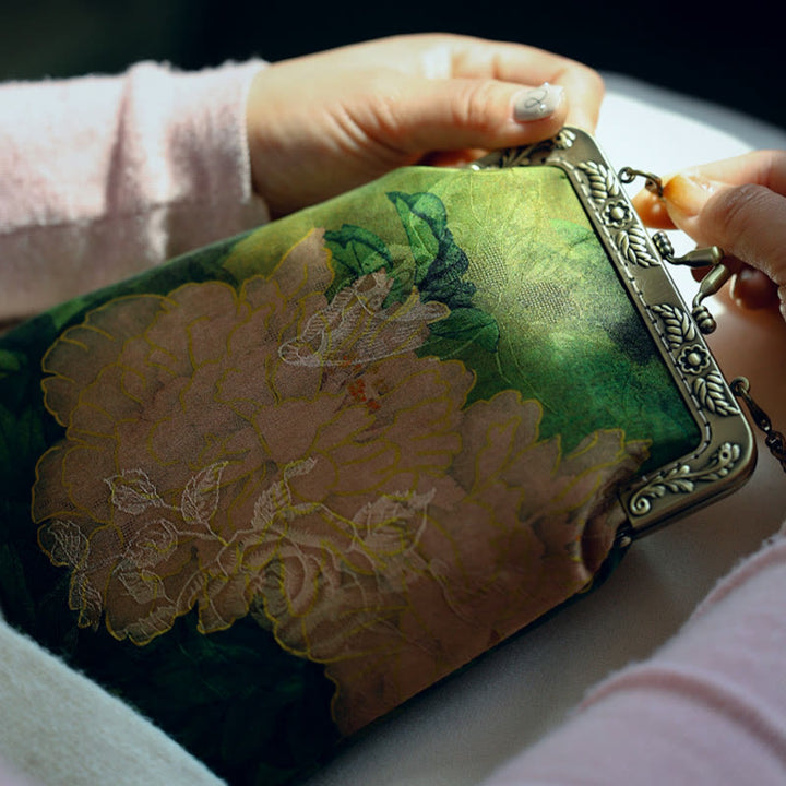 Bolso bandolera con cadena de metal y mariposa de peonía verde pequeña con Buddha Stones , bolso de hombro, bolso para teléfono móvil