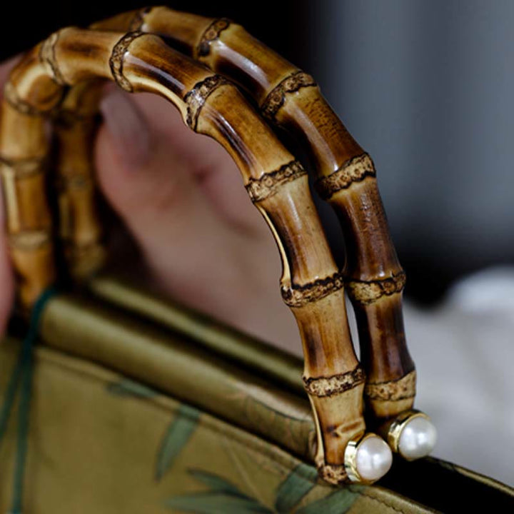 Buddha Stones Hojas de Bambú Verde Amarillo Bolso con Asas de Bambú