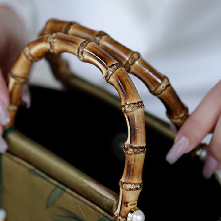 Buddha Stones Hojas de Bambú Verde Amarillo Bolso con Asas de Bambú