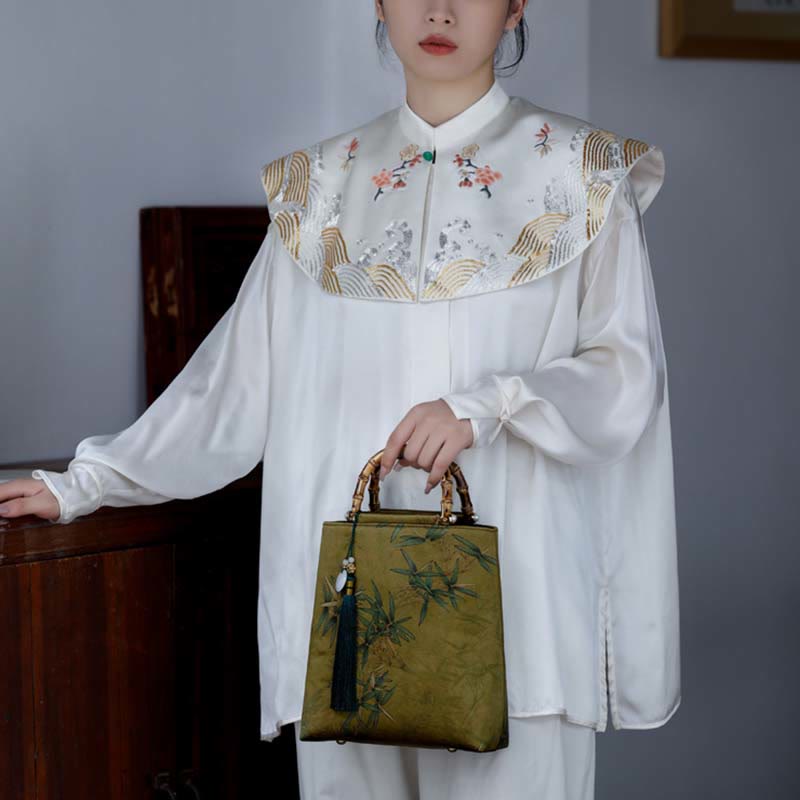 Buddha Stones Hojas de Bambú Verde Amarillo Bolso con Asas de Bambú