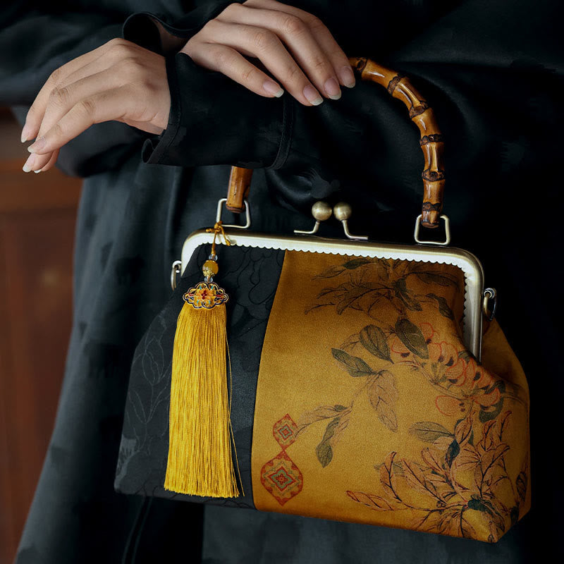 Buddha Stones Hojas Ramas de pájaros Flores de caqui Asas de bambú Bolso