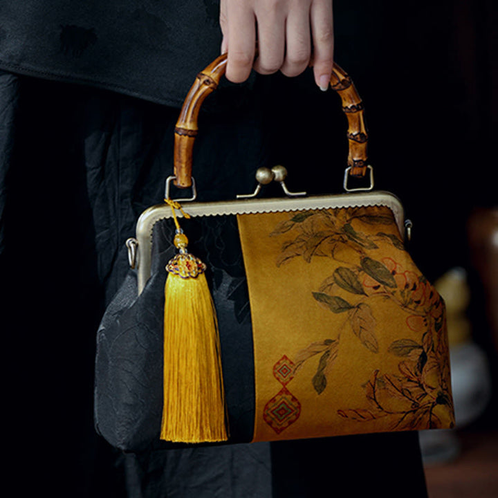 Buddha Stones Hojas Ramas de pájaros Flores de caqui Asas de bambú Bolso