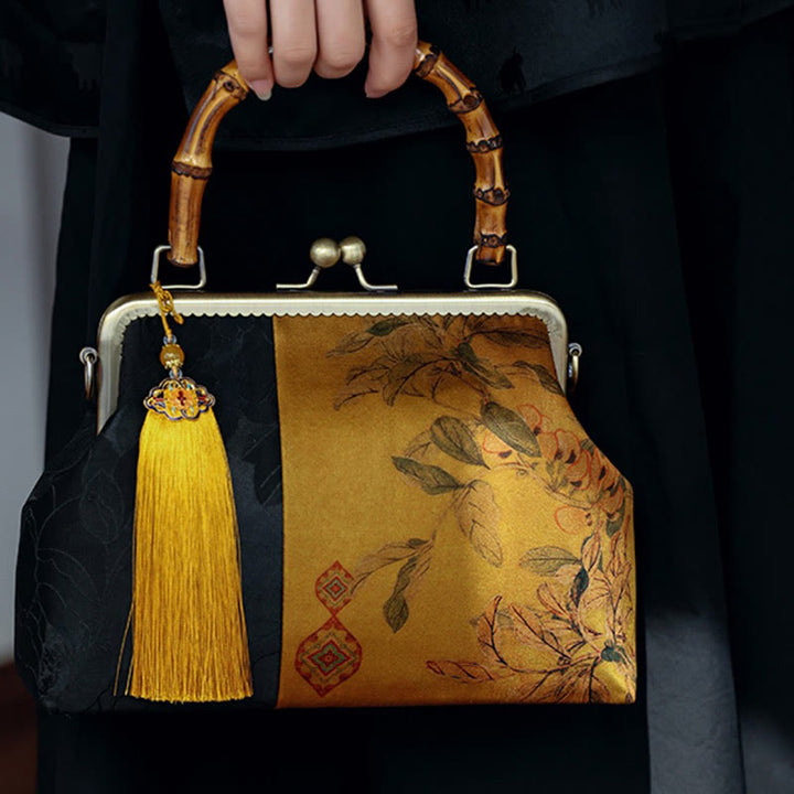 Buddha Stones Hojas Ramas de pájaros Flores de caqui Asas de bambú Bolso