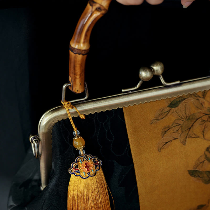 Buddha Stones Hojas Ramas de pájaros Flores de caqui Asas de bambú Bolso