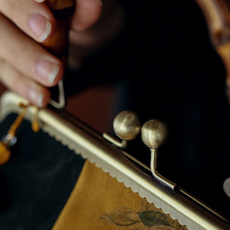 Buddha Stones Hojas Ramas de pájaros Flores de caqui Asas de bambú Bolso