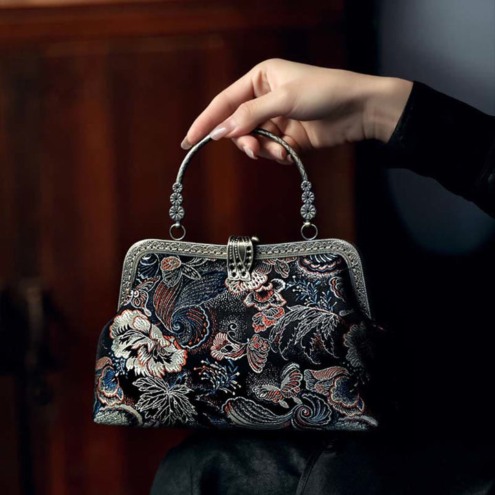 Bolso de mano con asa de metal y flores de mariposa y Buddha Stones