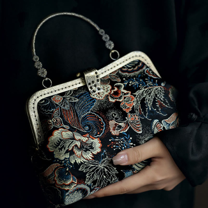 Bolso de mano con asa de metal y flores de mariposa y Buddha Stones