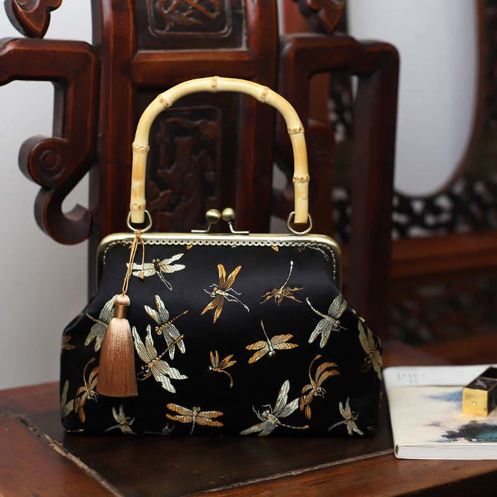 Bolso de mano con asas de bambú , Buddha Stones , libélula, grúa, hojas de bambú, flor de ciruelo