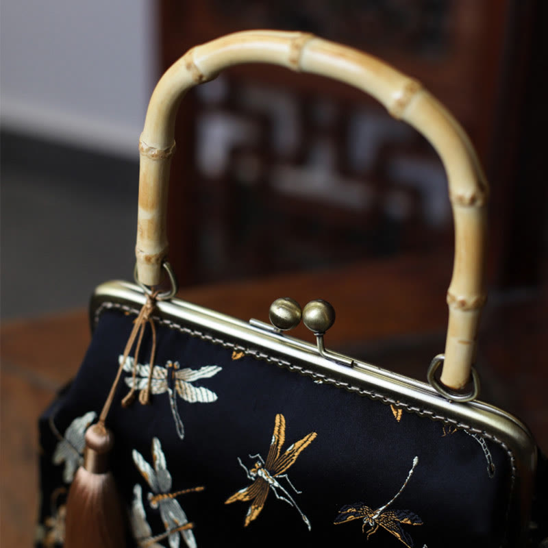 Bolso de mano con asas de bambú , Buddha Stones , libélula, grúa, hojas de bambú, flor de ciruelo