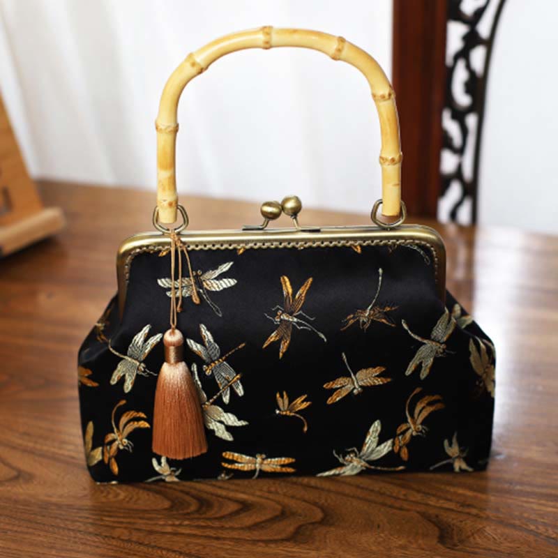 Bolso de mano con asas de bambú , Buddha Stones , libélula, grúa, hojas de bambú, flor de ciruelo
