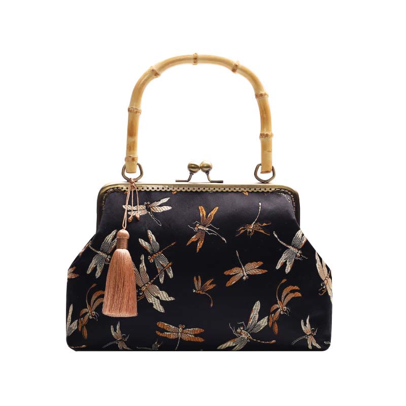 Bolso de mano con asas de bambú , Buddha Stones , libélula, grúa, hojas de bambú, flor de ciruelo