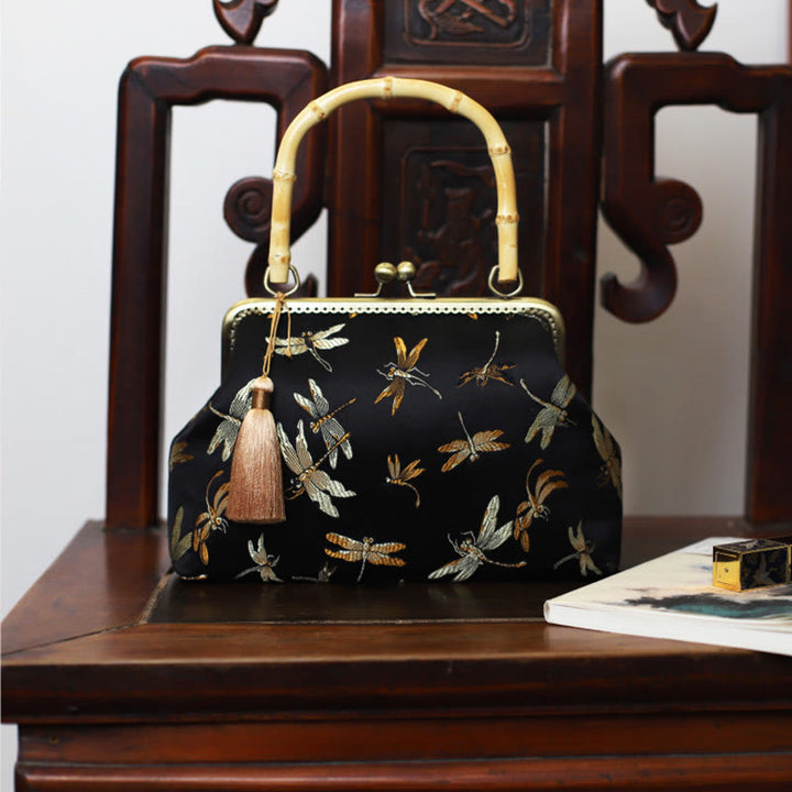 Bolso de mano con asas de bambú , Buddha Stones , libélula, grúa, hojas de bambú, flor de ciruelo