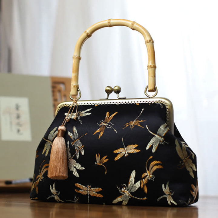 Bolso de mano con asas de bambú , Buddha Stones , libélula, grúa, hojas de bambú, flor de ciruelo