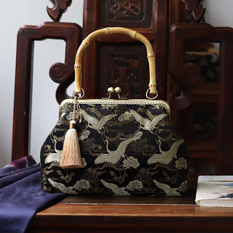 Bolso de mano con asas de bambú , Buddha Stones , libélula, grúa, hojas de bambú, flor de ciruelo
