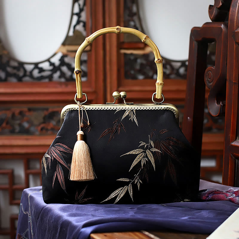 Bolso de mano con asas de bambú , Buddha Stones , libélula, grúa, hojas de bambú, flor de ciruelo